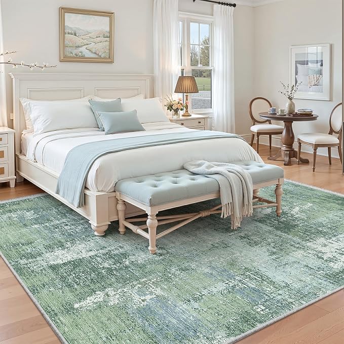 5x8 Area Rug, Abstract Washable Rugs for Living Room, Sage Green | Soft Thin & Lighweight, Folable, Stain Resistant Low Pile Non Slip Modern Distressed Carpet Rugs for Bedroom, Dining Room