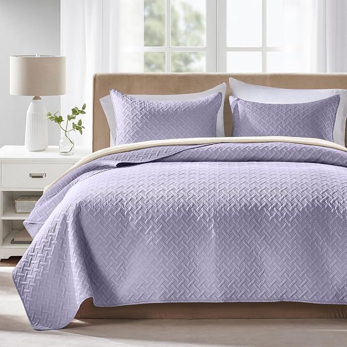 FLYMME Quilts Queen Size,Lightweight Lavender Bedspreads,Basket Weave Pattern,Ultra Soft Microfiber Bed Coverlet 3 Pieces for All-Seasons (1 Quilt,2 Shams)