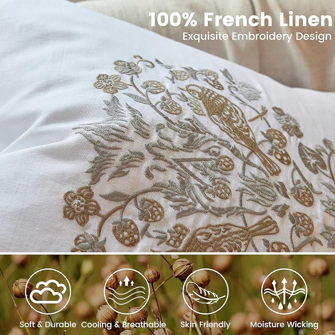 Simple&Opulence 100% Linen Euro Shams 26'' x 26'' Pack of 2, Embroidery Rosefinch Design Natural Flax Farmhouse Decorative Square Throw Pillow Covers for Bed Couch Sofa - White