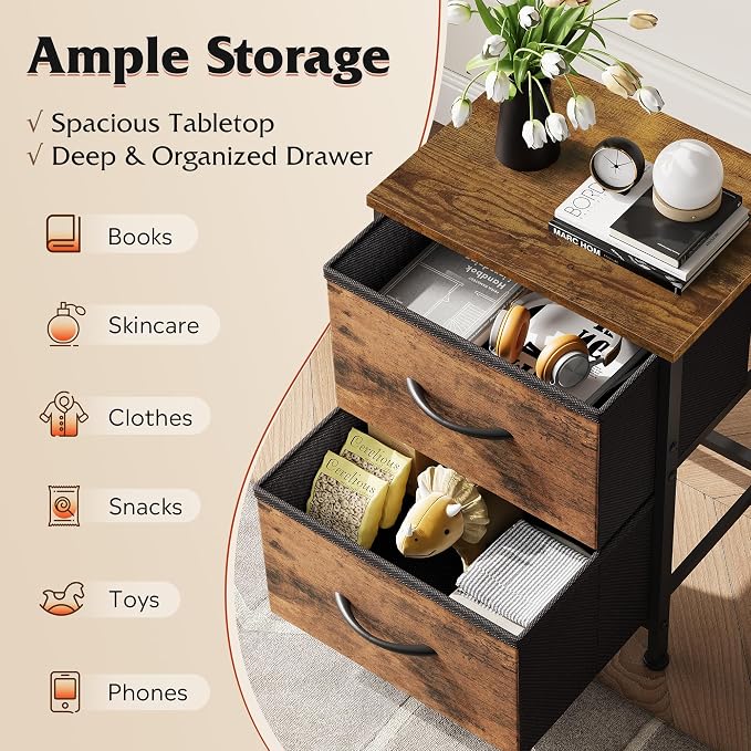 WLIVE Night Stand, Small Dresser with 2 Drawers & Wooden Top, Nightstand with Fabric Bins, Bedside Table End Table for Bedroom, Closet, Entryway, College Dorm, Rustic Brown | Nightstand with Fabric Bins, Bedside Table End Table for Bedroom, Kids Room