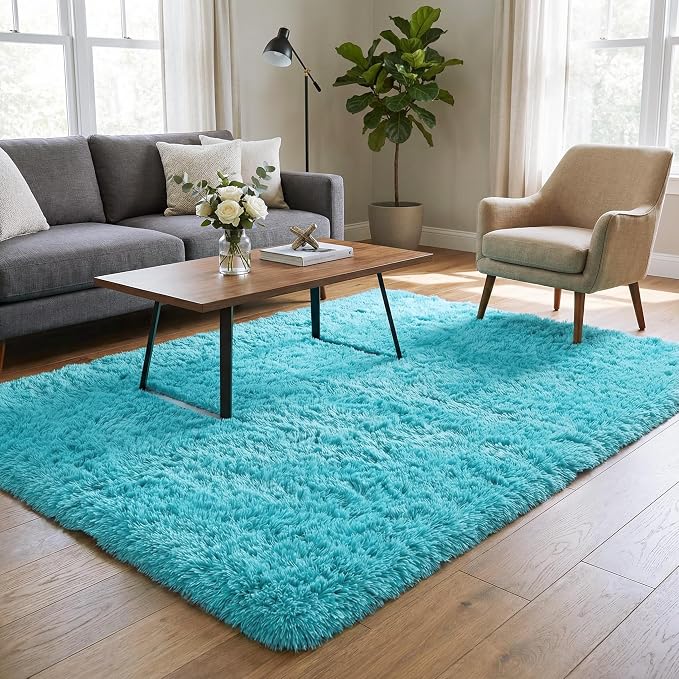 Modern Soft Fluffy Blue Shaggy Rug for Livingroom Bedroom Dorm Kids Room Indoor Home Decorative, Non-Slip Plush Furry Fur Area Rugs Comfy Nursery Accent Floor Carpet 5x8 Feet, Teal