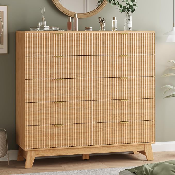 Fluted Dresser for Bedroom with 10 Drawers, 48" Wide Modern Chest of Drawers with Metal Handle, Wooden Dresser TV Stand, Wood Closet Clothes Storage Organizer for Living Room, Hallway, Natural Oak