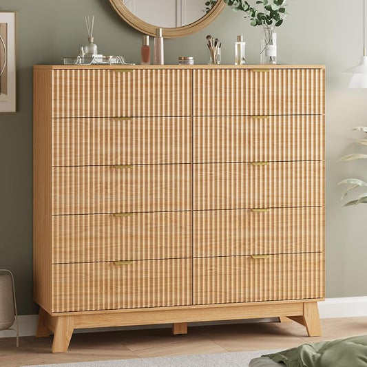 Fluted Dresser for Bedroom with 10 Drawers, 48" Wide Modern Chest of Drawers with Metal Handle, Wooden Dresser TV Stand, Wood Closet Clothes Storage Organizer for Living Room, Hallway, Natural Oak