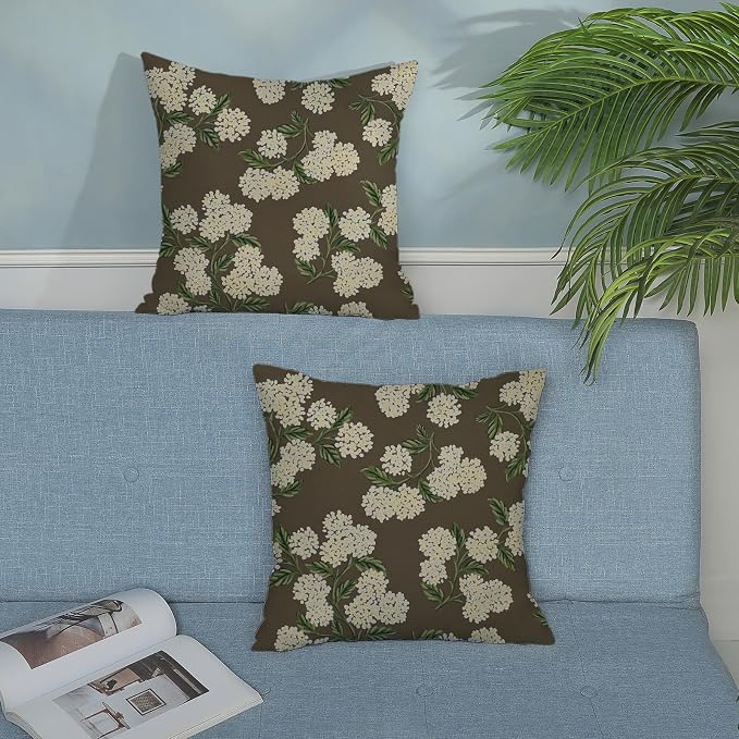 Brown Spring Pillow Covers 16x16 Inch 2 Pcs Green Yellow Hydrangea Flower Decor Throw Pillows Vintage Floral Seasonal Summer Outdoor Decoration Pillowcase Linen Cushion Cover for Couch Sofa