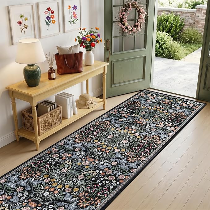 PLHXFR 2.6x10 Washable Runner Rug：Floral Indoor Kitchen Carpet Dark Black | For Hallway Bedroom Kitchen Laundry Bathroom Dorm,Vintage Floral,Machine washable,Non Slip,Stain Resistant,Indoor Floor