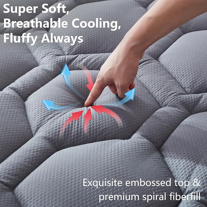 ELVEN HOME Full Size Mattress Pad Waterproof, Cooling Mattress Topper for Double Bed, Pillow Top Quilted Fitted Mattress Protector Cover with 8-21" Deep Pocket (54x75 inch, Grey)