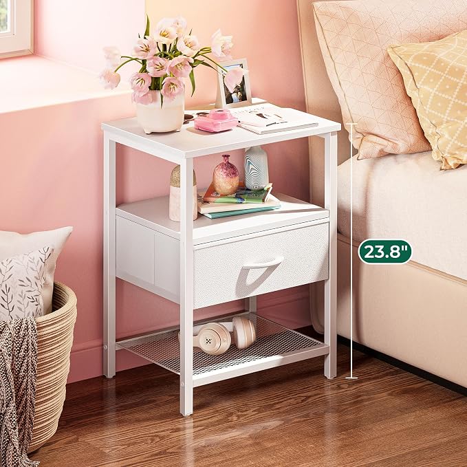 Huuger Nightstand Set of 2, Night Stand with Fabric Drawer, Mesh Shelf | Side Table with Storage, Fabric Drawer Dresser, Open Shelf, Metal Frame, Bedroom, White