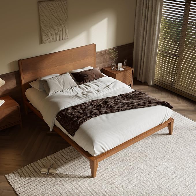 Merax Full Size Bamboo Platform Bed Frame with Tall Headboard, Brown | Mid-Century Modern Solid Bedframe Full-Size, Wood Slat Support, No Box Spring Needed, Easy Assembly, Noise Free