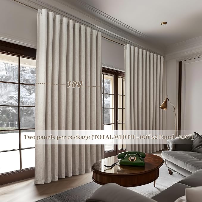 Blackout Curtains 100 Inches Extra Wide Natural Linen Curtains 84 Inch Length for Living Room, Pleated Farmhouse Bedroom Thermal Drapes for Winter Thick Window Energy Efficient 100"W x 84"L 2 Panels