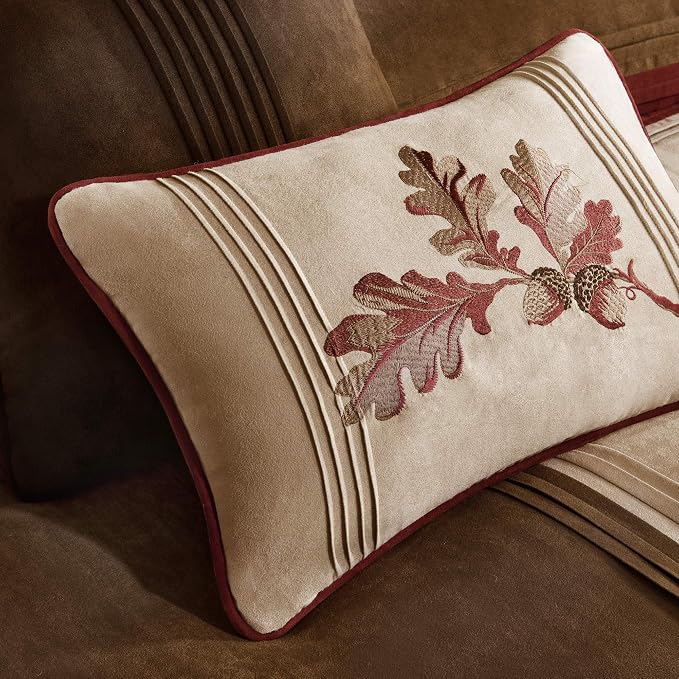 Madison Park Casual Blocks Comforter Set, 7PC Cal King Bedding Set | All Season, with Comforter, Shams, Bed Skirt, Decorative Pillows, Red Brown, Red