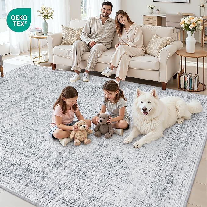 10x14 Area Rugs Living Room: Bedroom Neutral Washable Carpet Gray | Vintage Boho Soft Small Indoor Decor Floor Non-Slip Low Pile Neutral Farmhouse Entryway Laundry Bathroom Bedroom Beside Rugs