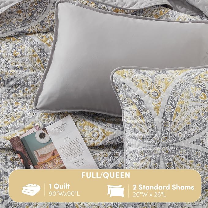 Comfort Spaces Gloria Full Queen Quilt Set 3 Piece for Summer Gray/Yellow | Reversible Coverlet Bedspread, Soft All Season, Medallion Pattern, Winter Layer with Shams Modern Lightweight, Cozy Comfort