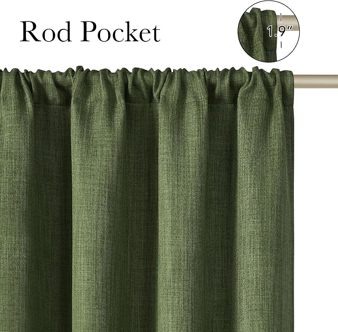 NICETOWN Froest Green Faux Linen Room Darkening Rod Pocket Curtains 63 inch Length, W42 x L63, Light Blocking Thermal Insulated Noise Reducing Drapes for Bedroom Living Room Farmhouse Decor, 2 Panels