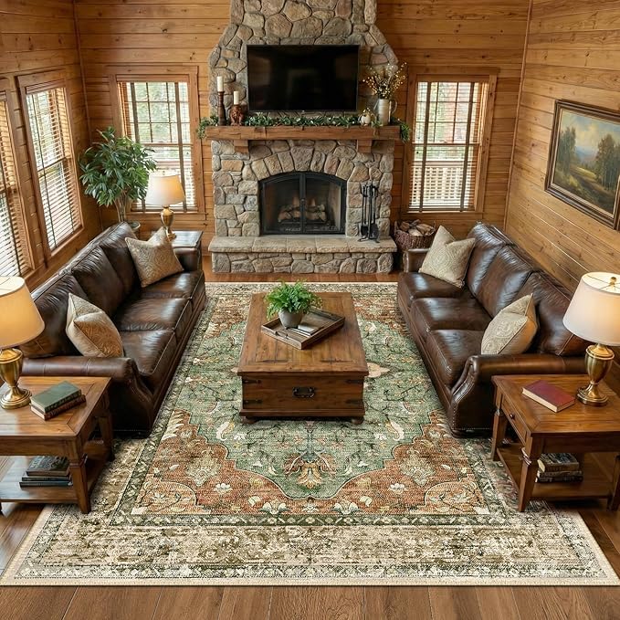 RELEANY Washable Area Rug, Large 10'x12', Brick/Brown/Green | Non-Slip, Water Repellent, Pet Friendly, Easy to Clean, Vintage Floral Boho Decor for Living Room Bedroom Dining Room