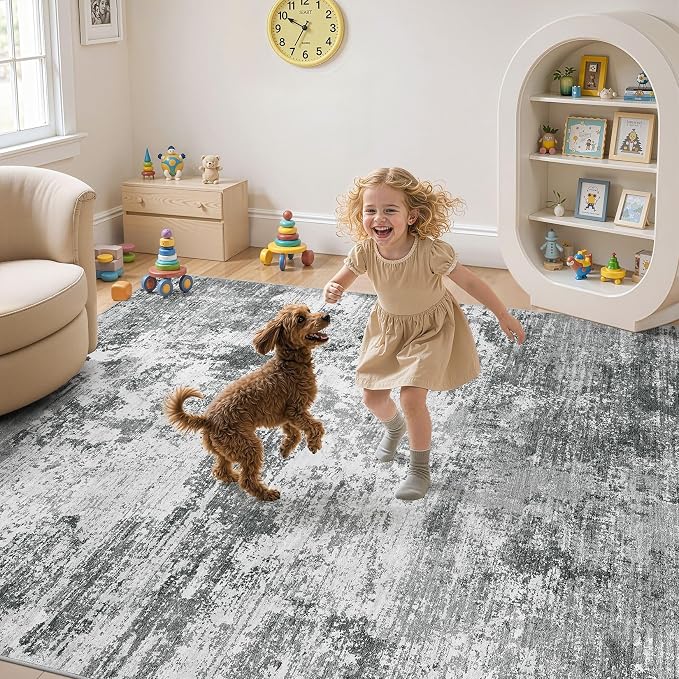 UERMEI 9x12 Area Rug for Living Room - Washable Neutral Modern Abstract Carpet, Non-Slip Soft Large Indoor Floor Rugs for Bedroom Home Office & Under Dining Table Decor, Grey Black