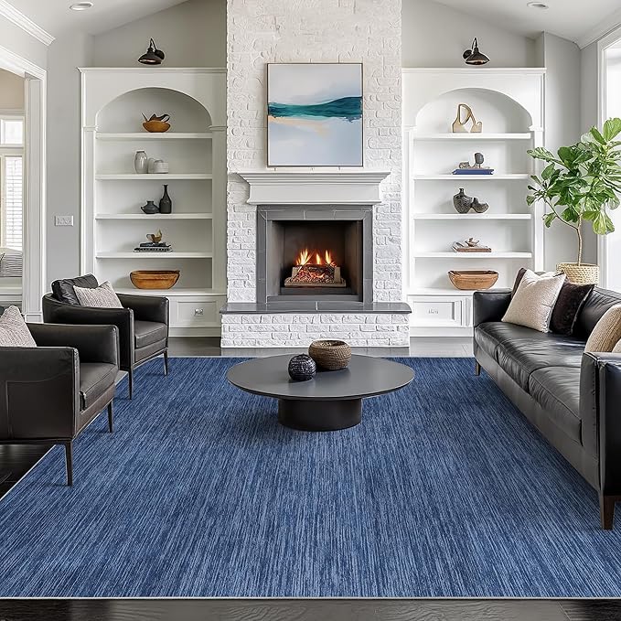 8x10 Area Rugs for Living Room, Large Washable Rug Non Slip Navy | Soft Low Pile, Thin & Lighweight Carpet, Folable Stain Resistant Modern Indoor Floor Mat for Bedroom, Dining Room, Home Decor
