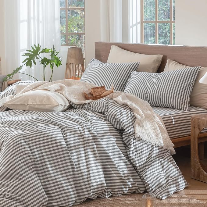 MooMee Striped Duvet Cover Set 100% Washed Cotton Linen Like King | Relaxed Linen-like Texture. Soft, Breathable & Long-lasting Comfort. Lightweight. Hidden Zipper with 8 Interior Corner Ties