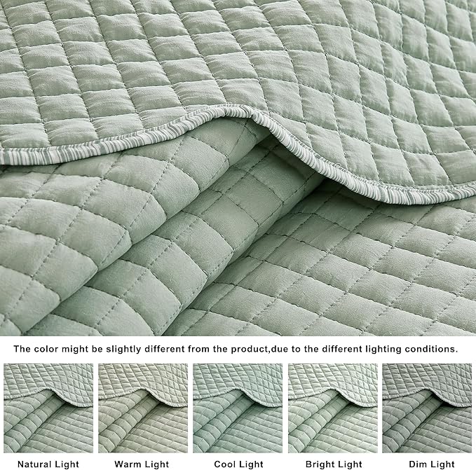 WDCOZY Sage Green Twin Size Quilt Bedding Set, Seafoam Scalloped Farmhouse Country Rustic Lightweight Soft Coverlet for All Season, Cute Cozy Kantha Pick Stitch Bedspread, 1 Pillow Shams
