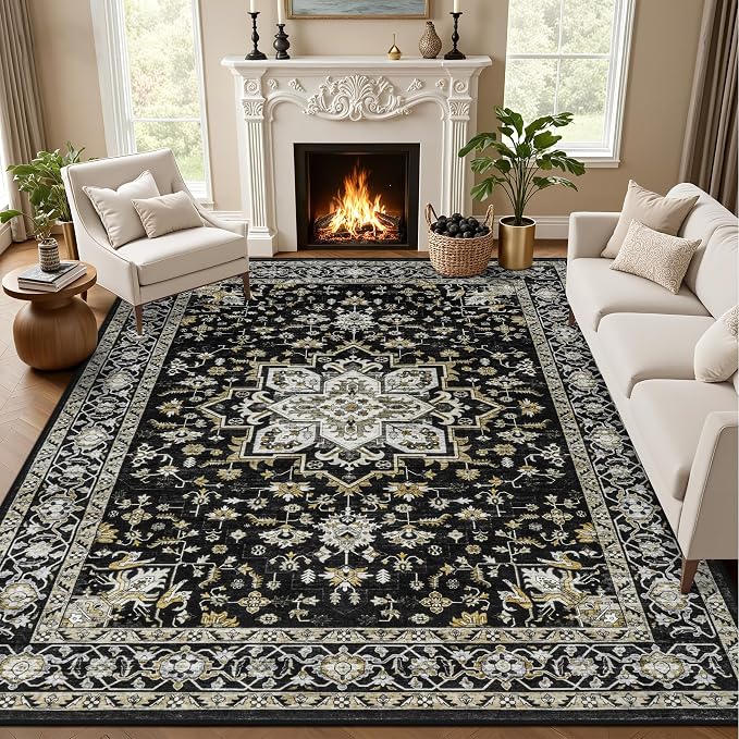 9x12 Area Rugs Living Room: Washable Rug for Bedroom Black Gold | Vintage No Slip Stain Resistant Rug Soft Indoor Decor Floor Floral Area Rugs for Dining Room, Nursery, Hallway, Home Office