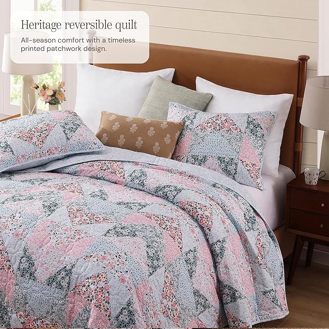 King Quilt Set-3 Pieces Soft Bedding Lightweight Floral Patchwork Coverlet | All Seasons Quilts Queen Size for Bed, 1 Quilt (106" x 94") and 2 Shams (20" x 36"), Vintage Bedspread, Pink