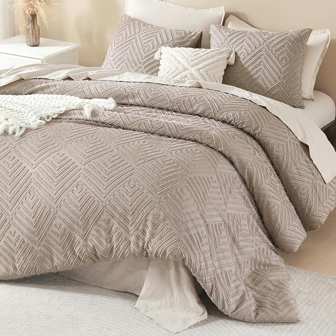 Litanika Super King Plus Comforter Set, 3 Pcs Tufted Boho Bedding Set | Light Coffee Farmhouse Shabby Chic Vintage Bohemian Textured Aesthetic Soft Fluffy Lightweight Breathable All Season Bed Set