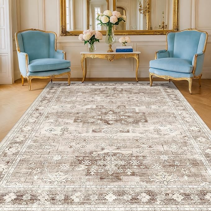 Boho 7x9 Area Rug for Living Room - Washable Beige Dining Room Rug Under the Table, Low Pile Non-Slip Rugs for Bedroom, Office - Charming Geometric Decor & Stain Resistance (7x9 Beige/Latte)