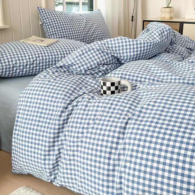 LifeTB Blue Gingham Comforter Set California King 3 Pieces Modern Plaid Checkered Comforter Set Blue Grid Comforter with 2 Pillowcases Soft Fluffy Grid Farmhouse Gingham Bedding Set for All Seasons