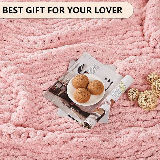 L'AGRATY Chunky Knit Throw Blanket for Couch, 50'' x 60'' Knit Throw, Pink | Handmade Chenille Crochet Blanket for Sofa Bed, Thick Cable Knitted Blankets for Room Home Decor, Birthday Gift for Women Mom