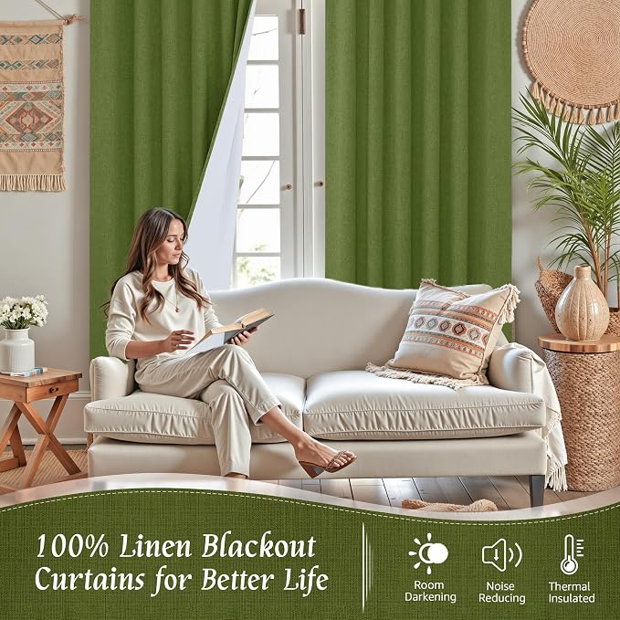 Full Blackout Linen Bedroom Curtains 54 Inch for Small Window | Sage Green, Thermal Drapes,Linen Textured, Privacy Protected, Rod Pocket Back Tab Panels, White Liner, 2 Panels, 52 x 54 Inch