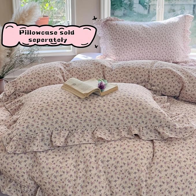 Vintage Purple Floral Duvet Cover Full Size, Cottage Quilt Cover with Ruffles Shabby Chic Kids Teens Bedding, Muslin Cotton Comforter Covers with Zipper Closure, No Pillow Cases