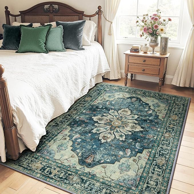 RELEANY Washable Area Rug, 4'x6', Blue/Vintage Dark Blue | Non-Slip, Water Repellent, Pet Friendly, Easy to Clean, Vintage Floral Boho Decor for Living Room Bedroom Kitchen Office