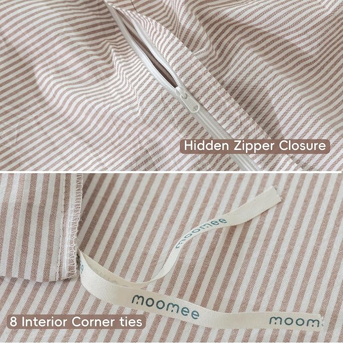 MooMee Striped Duvet Cover Set 100% Washed Cotton Linen Like Queen | Relaxed Linen-like Texture. Soft, Breathable & Long-lasting Comfort. Lightweight. Hidden Zipper with 8 Interior Corner Ties