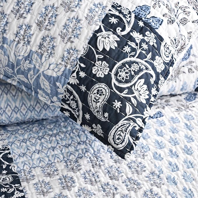 EverGrace 100% Cotton Patchwork Quilt Set, King Size, Coastal Blue 110"×92" | Reversible Lightweight Bedspread Coverlet, Printed Patchwork Bedding Set, Traditional Block Print Quilt with 2 Pillow Shams