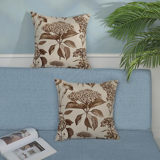 Brown Pillow Covers 18x18 Inch 2 Pcs Boho Vintage Floral Decor Throw Pillows Hydrangea Flower Seasonal Outdoor Farmhouse Neutral Accent Decoration Pillowcase Linen Cushion Cover for Couch