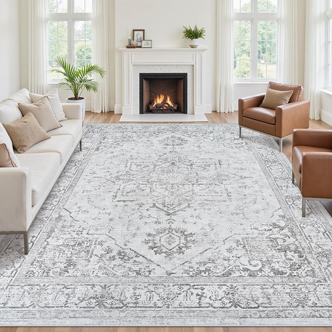 8x10 Washable Area Rugs for Living Room Grey Non-Slip Rug | Vintage Medallion Rug，Soft Low Pile Large Rugs，Indoor Retro Carpet for Bedroom Nursery Dining Table Farmhouse Home Office