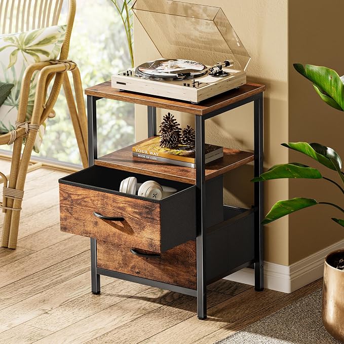 Huuger Night Stand Set of 2, Nightstand with 2 Drawers, Bedside Table | Open Shelf, Wooden Top, End Table, Fabric Drawer, for Bedroom, Living Room, Rustic Brown