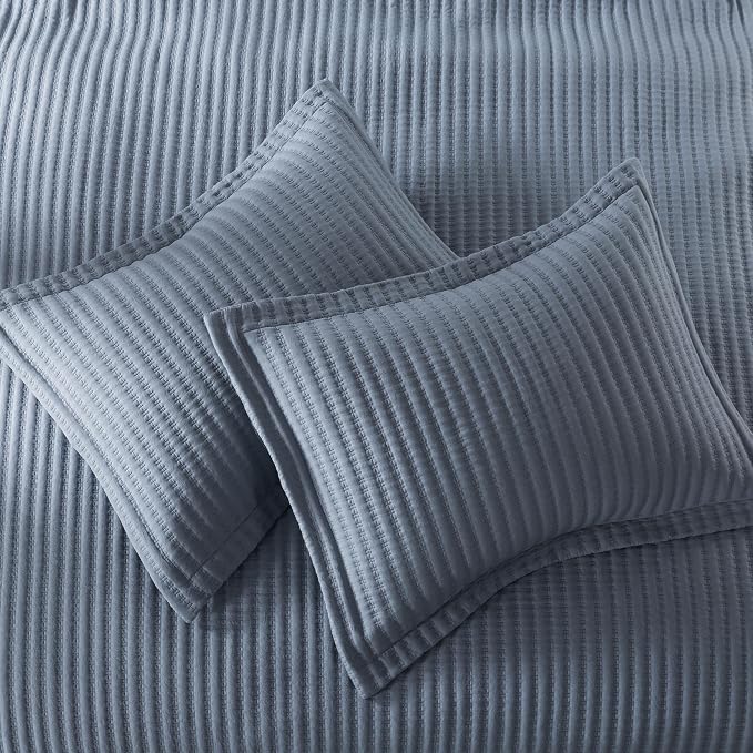 WDCOZY Dusty Blue Queen Size Quilt Set, Striped Pick Stitch Bedspread | Lightweight Soft Channel Coverlet, Spring Summer Thin Comforter, Farmhouse Rustic Country Bedding