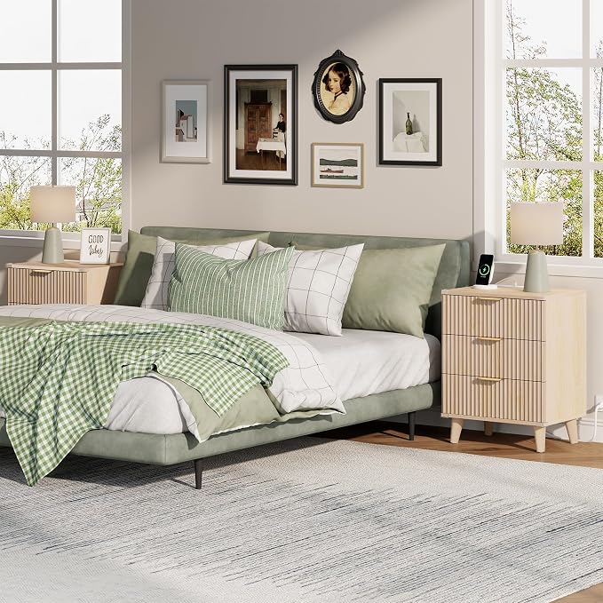 Lulive Wood Bedside Table w/Charging Station, 3 Drawers Fluted Dresser | Natural, Large Drawers, Metal Silent Rails, FSC Wooden, Sturdy Legs, Modern Fluted Panel, Living Room, Bedside Table