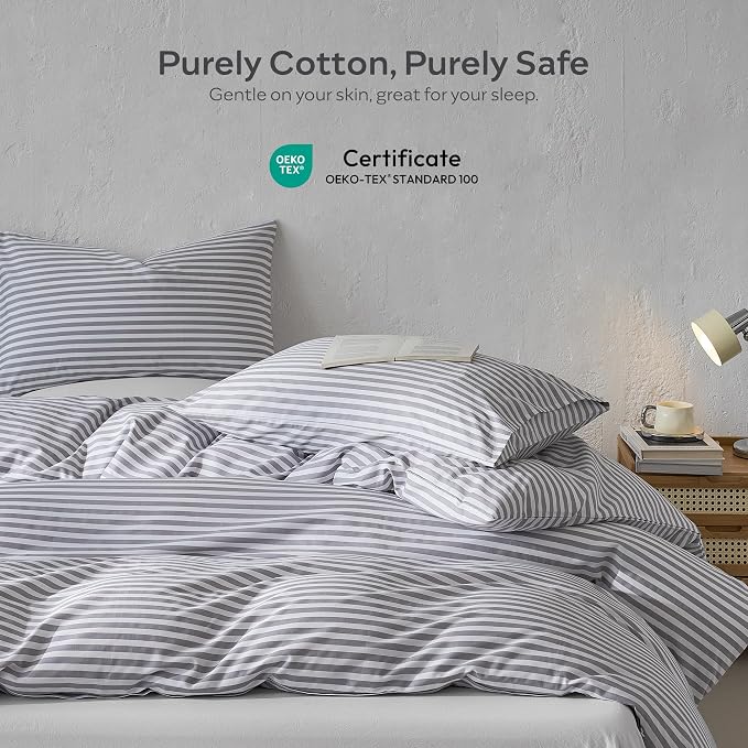 JELLYMONI 100% Cotton Printed Striped Full Duvet Cover Set, Grey | Breathable and Soft, Classic Stripes, 8 Corner Ties & Double-Head Hidden Zipper, For Guest or Teen Room