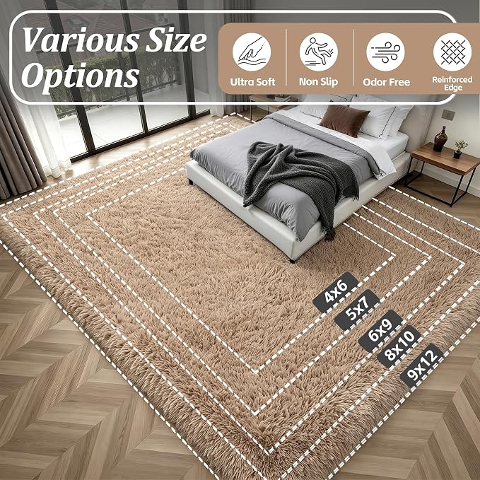 Area Rug Living Room Bedroom: 4x6 Fluffy Plush Shag Carpet Beige | For Kids Room Playroom Nursery Home Decor,Ultra Soft,Non-Slip Non-Shedding,Fuzzy Plush,Large Indoor Floor Carpet,Easy Clean