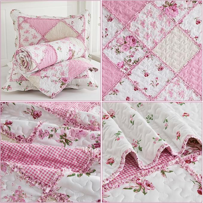 Oversized King Quilt Set Pink Floral Patchwork Alaska King Bedspreads Set | 3-Piece Alaskan King Size Bedding Set 132x120 Rversible Quilted Coverlet Lightweight Comforter Bed Cover with 2 Pillowcase