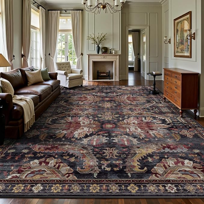 8x10 Area Rugs, Vintage Retro Soft Washable Rug, Non-Slip Low Pile Rugs for Living Room, Bedroom, Dining Room, Stain Resistant Home Decor Rug (Retro Red)