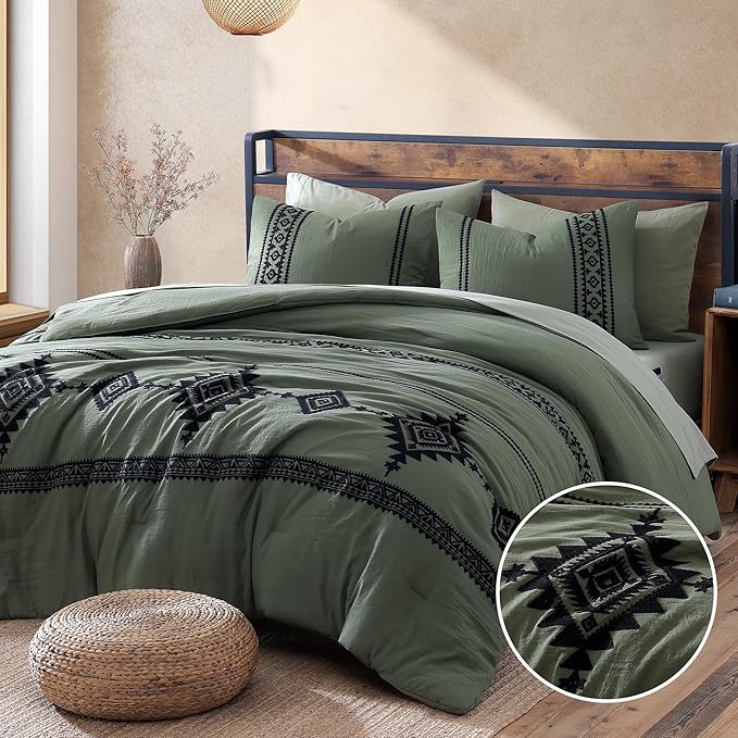 MaiRêve Embroidery Queen Comforter Set 7 Pieces Olive Green Bed in a Bag | Western Boho Farmhouse Bedding Sets with Comforter, Sheets, Pillowcases & Shams