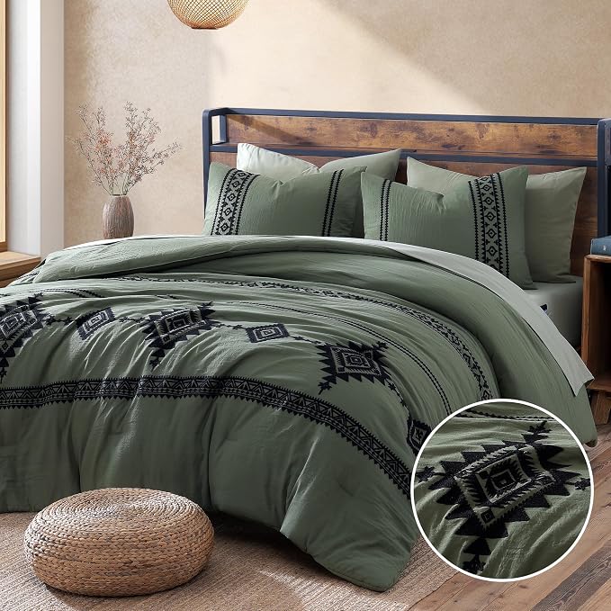 MaiRêve Embroidery Super King Comforter Set 7 Pieces Bed in a Bag | Olive Green Western Boho Bedding Sets Farmhouse with Comforter, Sheets, Pillowcases & Shams