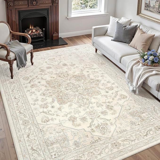 5x7 Area Rugs Living Room: Bedroom Washable Carpet Beige White | Vintage Boho Soft Small Indoor Decor Floor Non-Slip Low Pile Neutral Farmhouse Entryway Laundry Bathroom Bedroom Beside Rugs