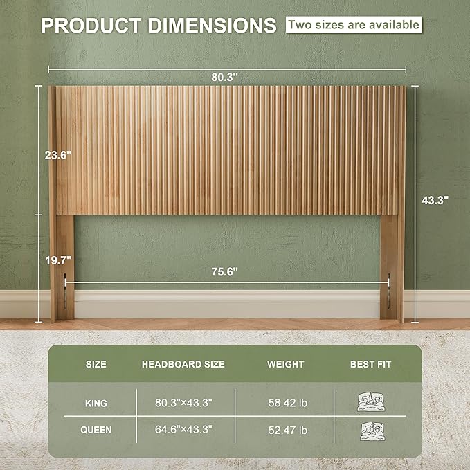 Queen Headboard Only, 64.6" Wood Headboard Queen Size, Boho Headboard | Natural Wood Queen Bed Headboard Only, Wall Mounted Headboard with Wingback for Bedroom, Modern Farmhouse Headboards