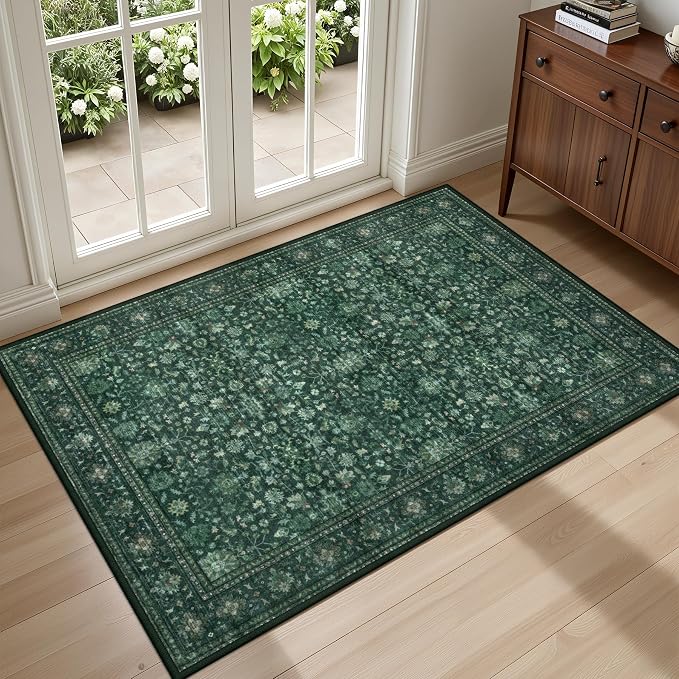 2x3 Area Rugs Living Room: Washable Rug for Bedroom Deep Green | Boho No Slip Stain Resistant Rug Soft Indoor Decor Floor Floral 2x3 Area Rugs for Dining Room, Nursery, Hallway, Home Office