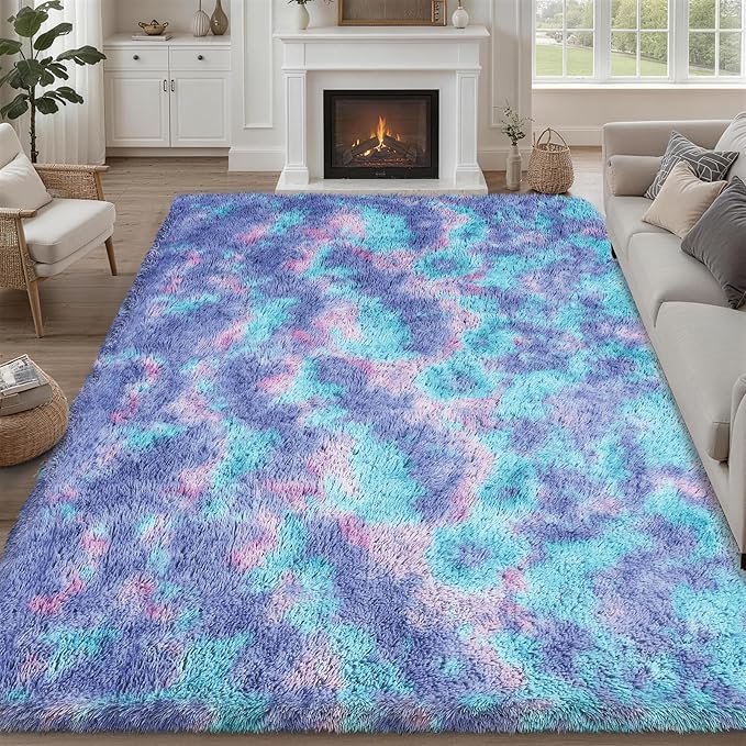 8x10 Area Rug Living Room Bedroom: Fluffy Plush Shag Carpet Rainbow