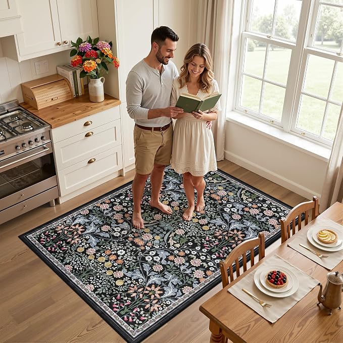 PLHXFR Area Rug Living Room: 3x5 Floral Washable Boho Carpet Dark Black | For Bedroom Dining Room Farmhouse Nursery Hallway,Vintage Floral,Machine washable,Non Slip,Stain Resistant,Large Indoor