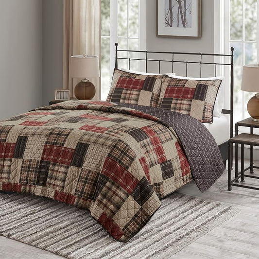 Madison Park Patchwork Farmhouse Red/Black King Quilt Set, 3pc | Diamond Quilted, Reversible Coverlet Set, Plush Cotton Filled, Lightweight, Machine Washable, Easy Care, All-Season, Cozy